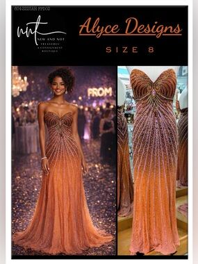 Alyce Designs Size 8 Heavily Beaded Ombre Prom Dress Copper Bronze Glam Gown